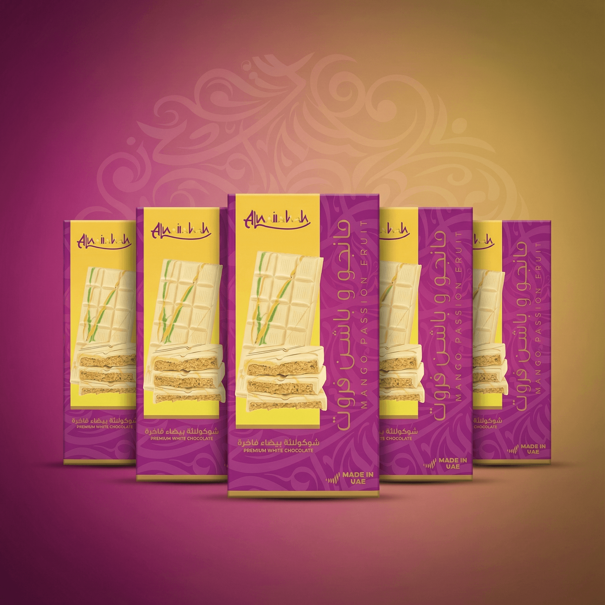 Packaging of a Chocolates with a purple and yellow design