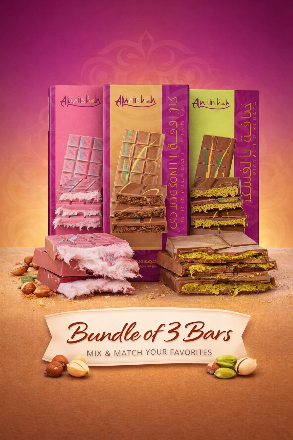 Three chocolate bars in colorful packaging