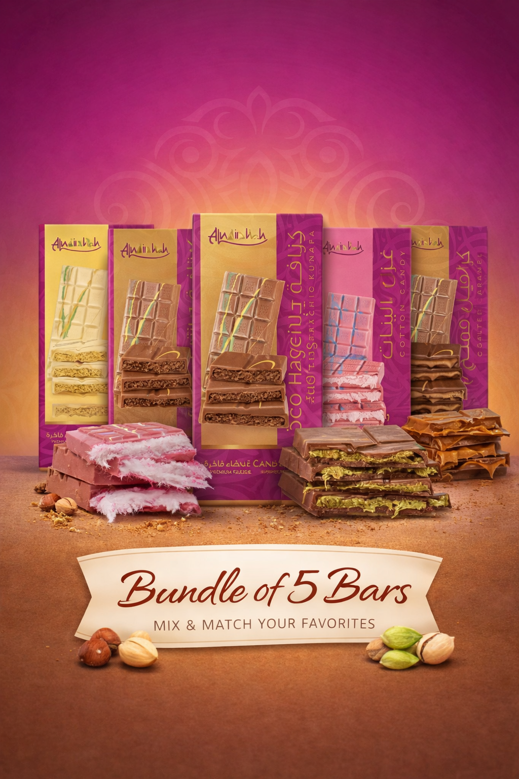 5 Chocolate bars in colorful packaging