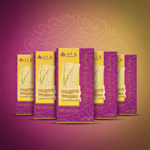 Packaging of a Chocolates with a purple and yellow design 